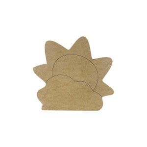 May include: A brown wooden cutout of a sun and a cloud. The sun has a circle in the center for painting.