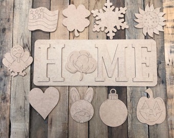 DIY HOME Plaque Set: Unfinished Wood Cutout, Interchangeable Seasonal Decor