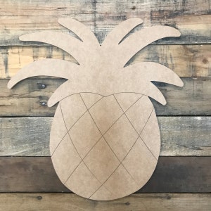 May include: Unfinished wooden pineapple cutout, perfect for crafting and decorating. The pineapple has a detailed design with a textured surface.