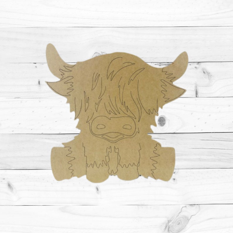 Sitting Highland Cow, Paint By Line, DIY Craft Art, Unfinished Craft, BAC image 1