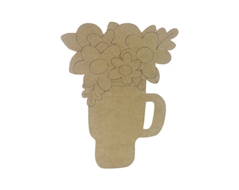 Flowers in Cup, Kids Shape Unfinished Wood Cutout, Paint by Line, BAC