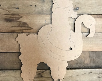 Llama with Flamingo Floaty: Unfinished Wooden Craft Shape