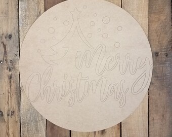 Merry Christmas Tree Decor Circle, Unfinished Wall Art, DIY Paintable, Wood Cutout, Wooden, Arts and Crafts, Wall Décor,  Christmas Décor