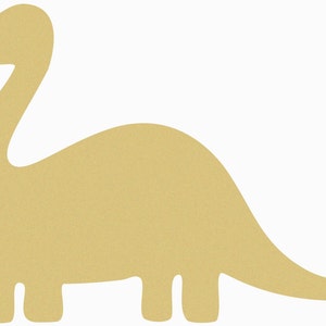May include: A cutout of a light brown dinosaur with a long neck and tail. The dinosaur is standing on four legs.