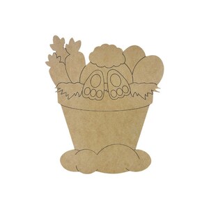 May include: Unfinished wooden cutout of a bunny sitting in a basket with eggs and grass. The bunny has two feet sticking out of the basket. The cutout is ready to be painted.