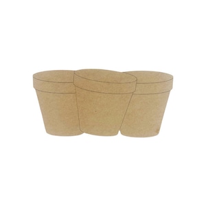 May include: Three unfinished, light brown wooden flower pots are arranged closely together against a white background. Each pot has a slightly flared shape with a defined rim and a simple, clean design, suitable for DIY projects or rustic decor.