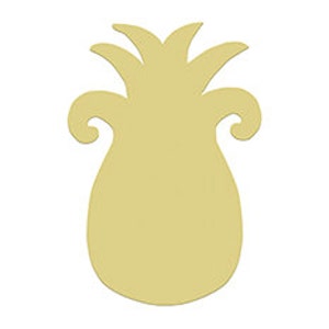 May include: A wooden cutout of a pineapple with a simple design. The pineapple is light yellow and has a brown stem.