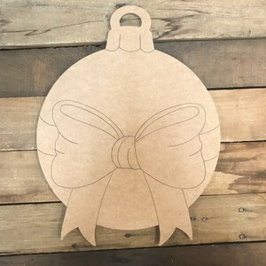Ornament with Bow, Basic Christmas Holiday Decoration Ornament With Ribbon Unfinished Wooden Craft, Paint by Line, Wooden DIY Holiday Shape