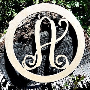 Large Wood Monogram Letter, Wooden Door Hanger, Circle Framed Letter, Wooden Circle Monogram, Unfinished Monogram Lettering, Wood Initial