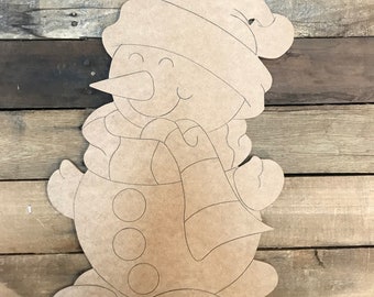 Snowman, Christmas Holiday Snow Character Snowman With Santa Hat Unfinished Wood Cutout, Paint by Line, Engraved Wooden DIY Holiday Shape