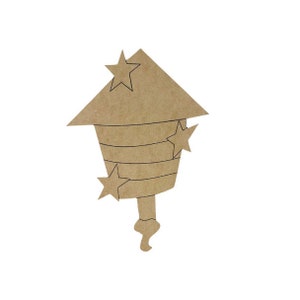May include: A brown wooden cutout of a birdhouse with a star on the roof and two stars on the sides. The birdhouse has a striped design.