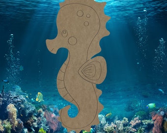 May include: A brown wooden cutout of a seahorse with a simple design. The cutout is against a blue background with bubbles and coral.