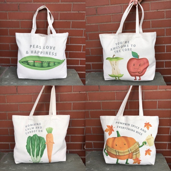 Yogi Gift - Canvas Grocery Bag - Peas & Love - Zen Quote - Reusable Shopping Bag - Tote Bag -Farmers Market Tote - Natural Cotton Canvas