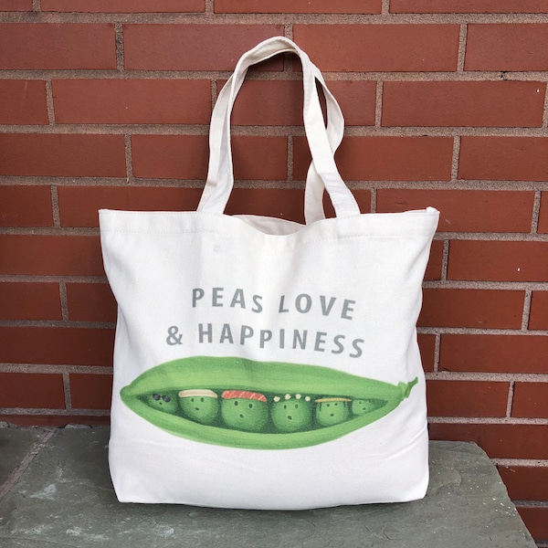 Peas Love and Happiness Bag - Peas in a Pod Tote - Fun Shopping Bag - Reusable Shopping Bag -Farmers Market Tote -Yogi Gift Idea -Canvas Bag