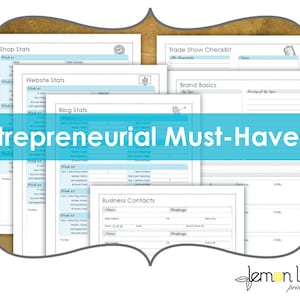 Pode incluir: Um conjunto de folhas de trabalho imprimíveis para empreendedores, intitulado "Entrepreneurial Must-Haves 2". O conjunto inclui folhas de trabalho para estatísticas da loja, estatísticas do site, estatísticas do blog, lista de verificação de feiras comerciais, fundamentos da marca e contatos comerciais.