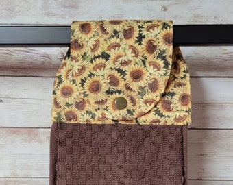 Sunflowers on Brown Hanging Kitchen Towel Oven hanging towel Snap closure. Kitchen, Bathroom, Grill area