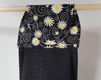 White daisys with Yellow centers on Black Hanging Kitchen Towel Oven hanging towel Snap closure. Kitchen, Bathroom, Grill area