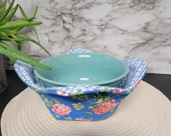 Blue and Pink floral with Blue Plaid Reversible Microwavable Bowl Cozy - Wash & Dry