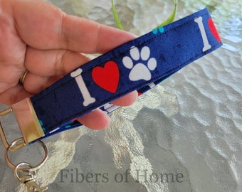 I LOVE Paws  Wristlet Keychain, Key Fob Wristlet, Keychain Wristlet Lanyard, Wristlet Pull