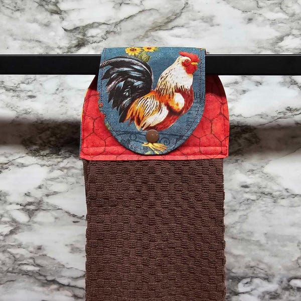 Country Chickens on Blue Hanging Kitchen Towel Oven hanging towel Snap closure. Kitchen, Bathroom, Grill area