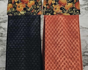 Pumpkins on YOUR CHOICE of Burnt Orange or Black Hanging Kitchen Towel Oven towel Snap closure. Kitchen, Bathroom, Grill area