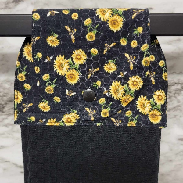 Buzzing Bees Black & Yellow on Black Hanging Kitchen Towel Oven hanging towel Snap closure. Kitchen, Bathroom, Grill area