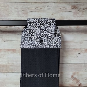 Sun-drenched Daisies on Black Hanging Kitchen Towel Oven hanging towel Snap closure. Kitchen, Bathroom, Grill area
