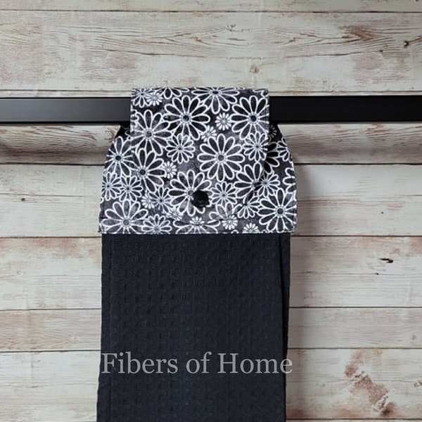 Sun-drenched Daisies on Black Hanging Kitchen Towel Oven hanging towel Snap closure. Kitchen, Bathroom, Grill area