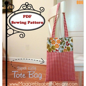May include: A red and white gingham tote bag with floral and berry accents, hanging on a white chair. The bag has matching red and white gingham straps. The image includes text that says "PDF Sewing Pattern" and "super easy Tote Bag".