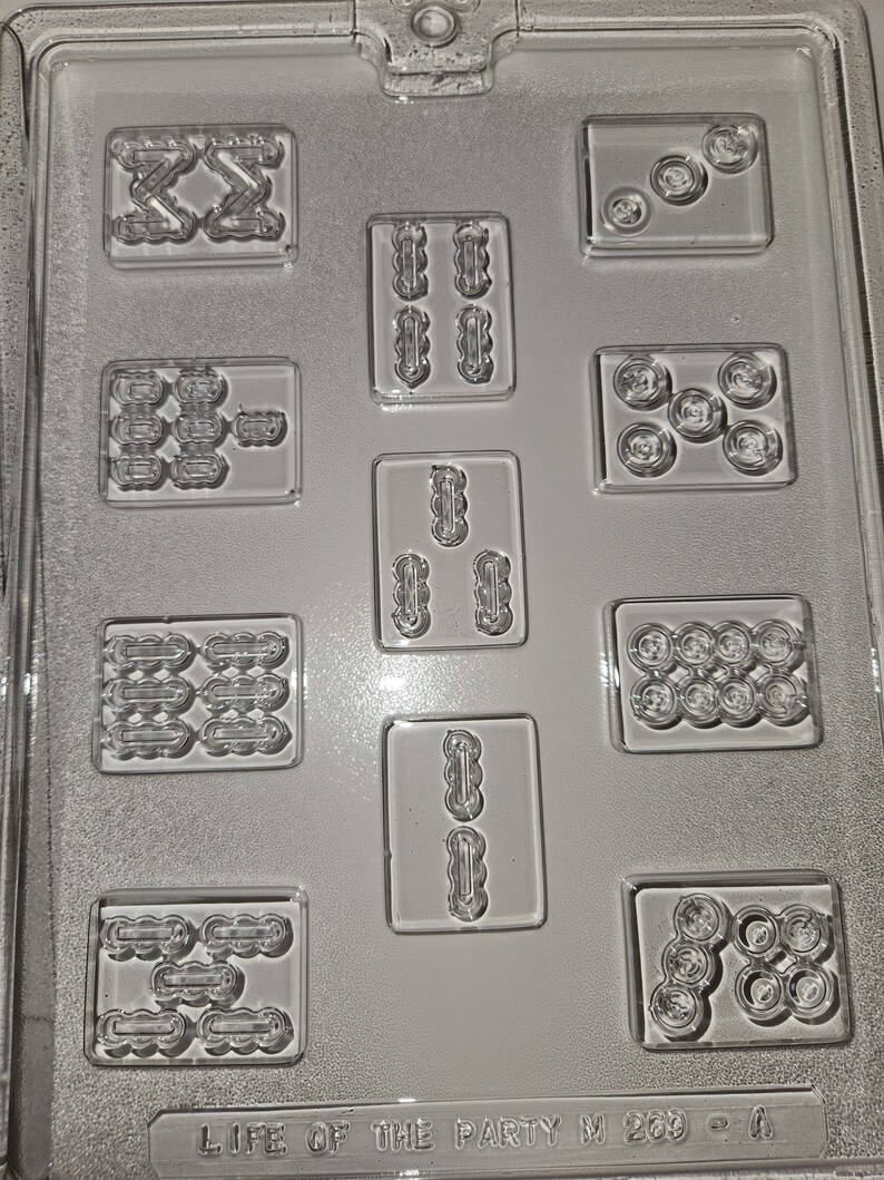 May include: Clear plastic candy mold with various shapes, including circles, zigzags, and oblongs. The mold is divided into rectangular sections, each containing a different design. The text "LIFE OF THE PARTY M 269 - G" is visible at the bottom.