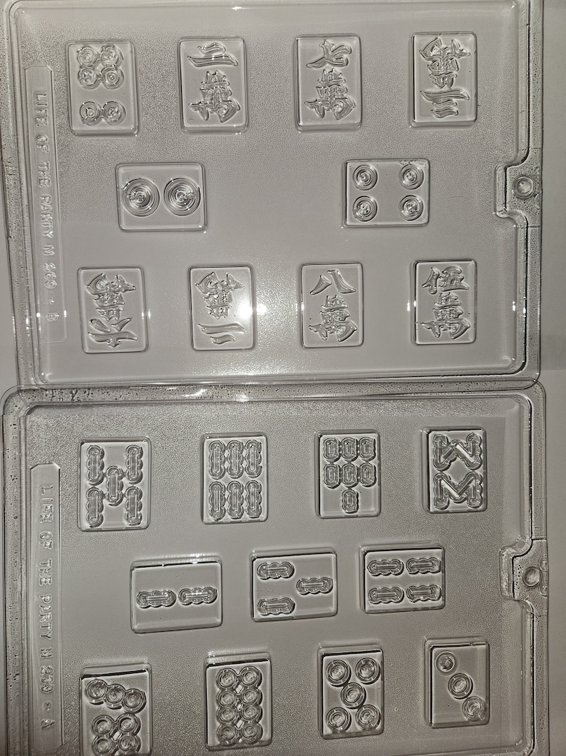 May include: Clear plastic mold with multiple rectangular cavities, each featuring a different design. The designs include Chinese characters and various patterns, likely for creating decorative items. The mold is labeled "LIFE OF THE PARTY M 269 - A".
