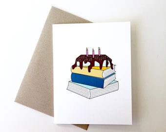 book lover birthday card. bookish birthday card. reading birthday card. book cake.