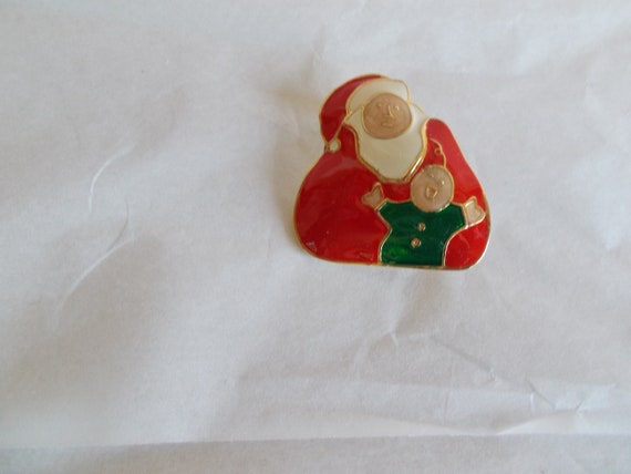 Vintage Metal Enamel Santa Holding Baby Brooch - image 3