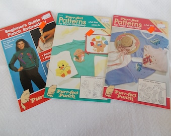 Vintage 1990  3 Booklets  2 On Purr-Fect Patterns For Punch Embroidery 1 Beginner's Guide Punch Embroidery