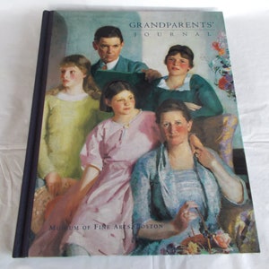 May include: A book cover with the title "Grandparents' Journal" in a white font on a blue background. The cover features a painting of a family with five people, including two adults and three children. The adults are wearing dark clothing, while the children are wearing lighter colors. The painting is set in a room with a floral wallpaper and a window in the background.