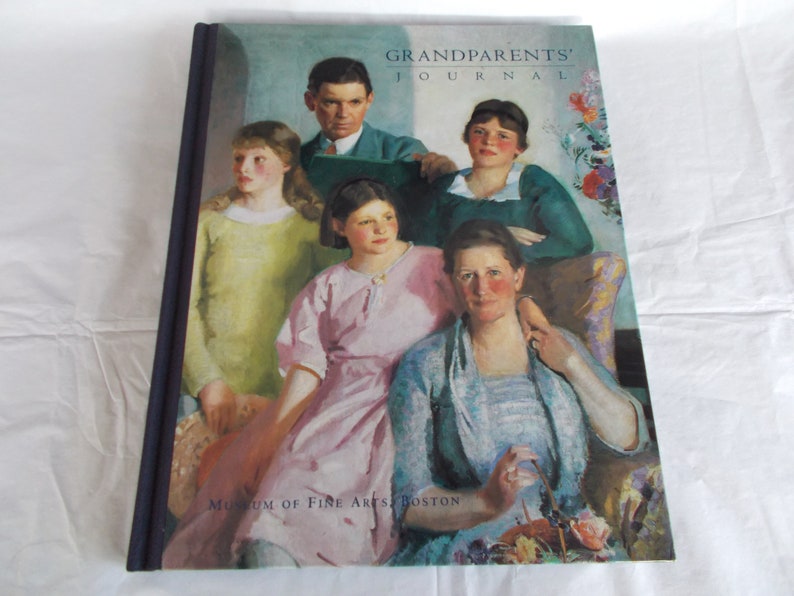 May include: A book cover with the title "Grandparents' Journal" in a white font on a blue background. The cover features a painting of a family with five people, including two adults and three children. The adults are wearing dark clothing, while the children are wearing lighter colors. The painting is set in a room with a floral wallpaper and a window in the background.
