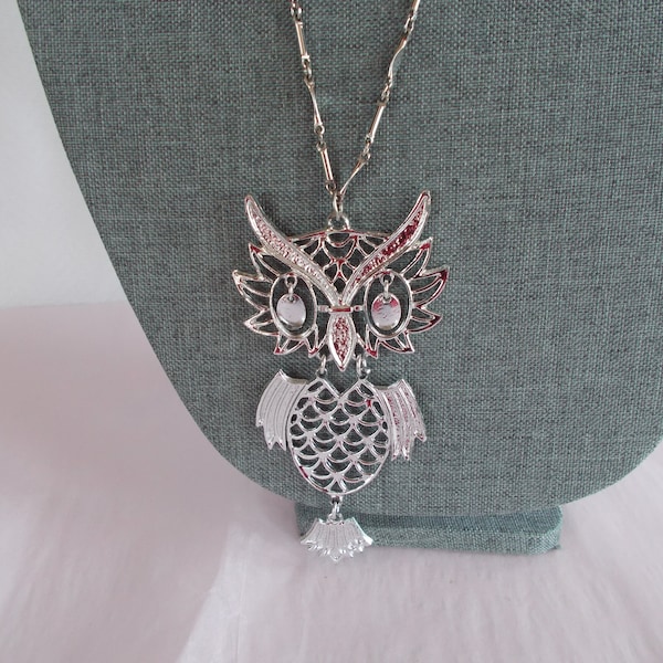 Vintage Silver Tone Long Dangling Owl Necklace