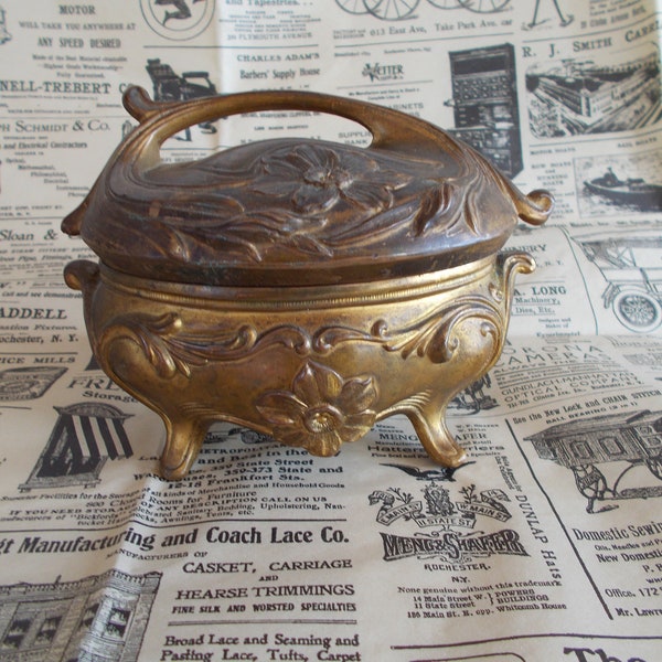 Vintage / Antique Small  3 x 3 1/2  Art Nouveau Jewelry Gold Tone Trinket Casket Box No Lining Inside