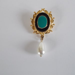 Vintage Metal Enamel  And Faux Dangling Pearl Brooch