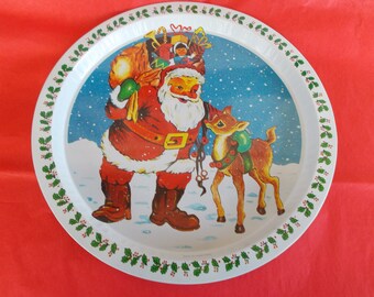 Vintage Santa And Reindeer Round  Metal Tray