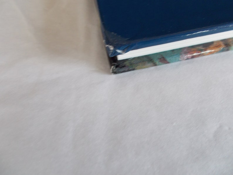 May include: The top of a blue hardcover book with a white spine and a colorful patterned cover underneath.