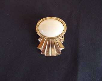 Vintage Ornate  Gold Tone Cream Color  White Bead Scarf  Clip