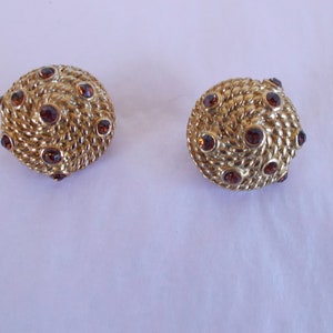 Vintage Gold Tone And  Dark Orange Rhinestone Clip Round  Earrings