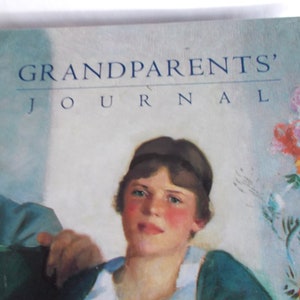 May include: A book cover with the title "Grandparents' Journal" in blue text. The cover features a painting of a man and a woman, with a floral design in the background.