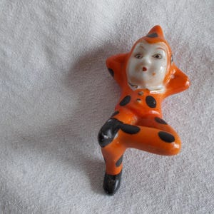 Vintage 1950s  Miniature 3 Inches Porcelain Pixie Elf Figurine Orange Black Polka Dot //1