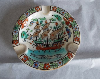 Vintage Hand Painted In Rhodes Greece By Ikaros Decorative Small 6 x 6 Ashtray