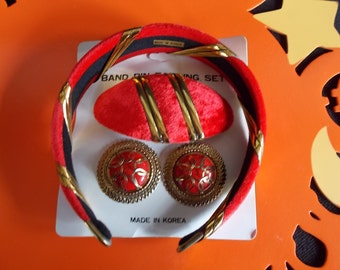 Vintage Red And Goldtone Earrings and Barrette  headband Set