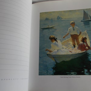 May include: A painting of three children in a white rowboat on a calm blue body of water. The children are wearing summer clothing and are fishing. The painting is titled "Calm Morning" by Frank Weston Benson.
