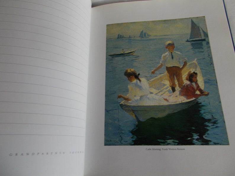 May include: A painting of three children in a white rowboat on a calm blue body of water. The children are wearing summer clothing and are fishing. The painting is titled "Calm Morning" by Frank Weston Benson.