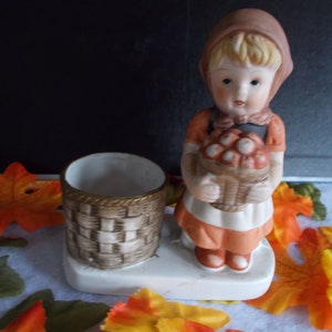 Vintage Small  Ceramic Girl Carrying Basket Of Apples Candleholder